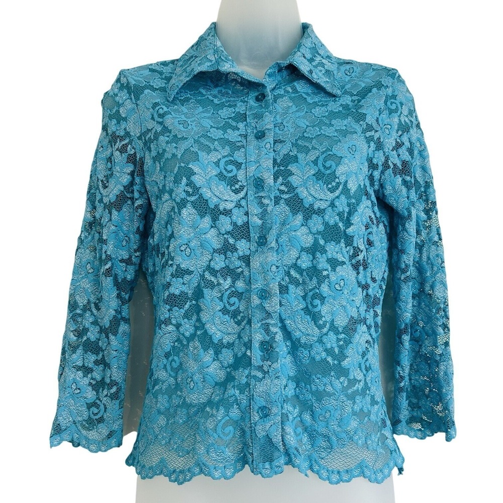 Vtg Anthropologie Blouse Sz M Lace Sheer Floral Button Up Made In USA Scalloped
